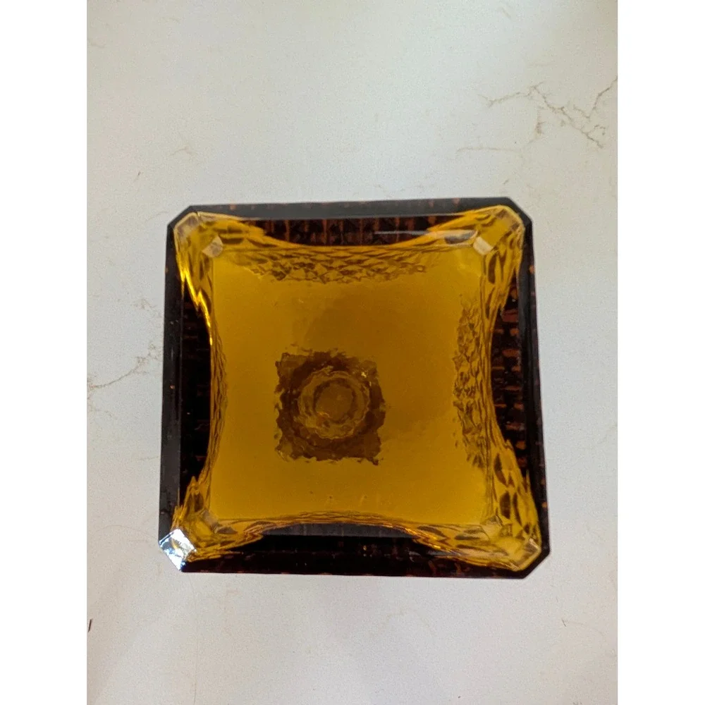 Vintage Amber Glass Decanter Diamond Point Square Bottle with Stopper MCM Honey